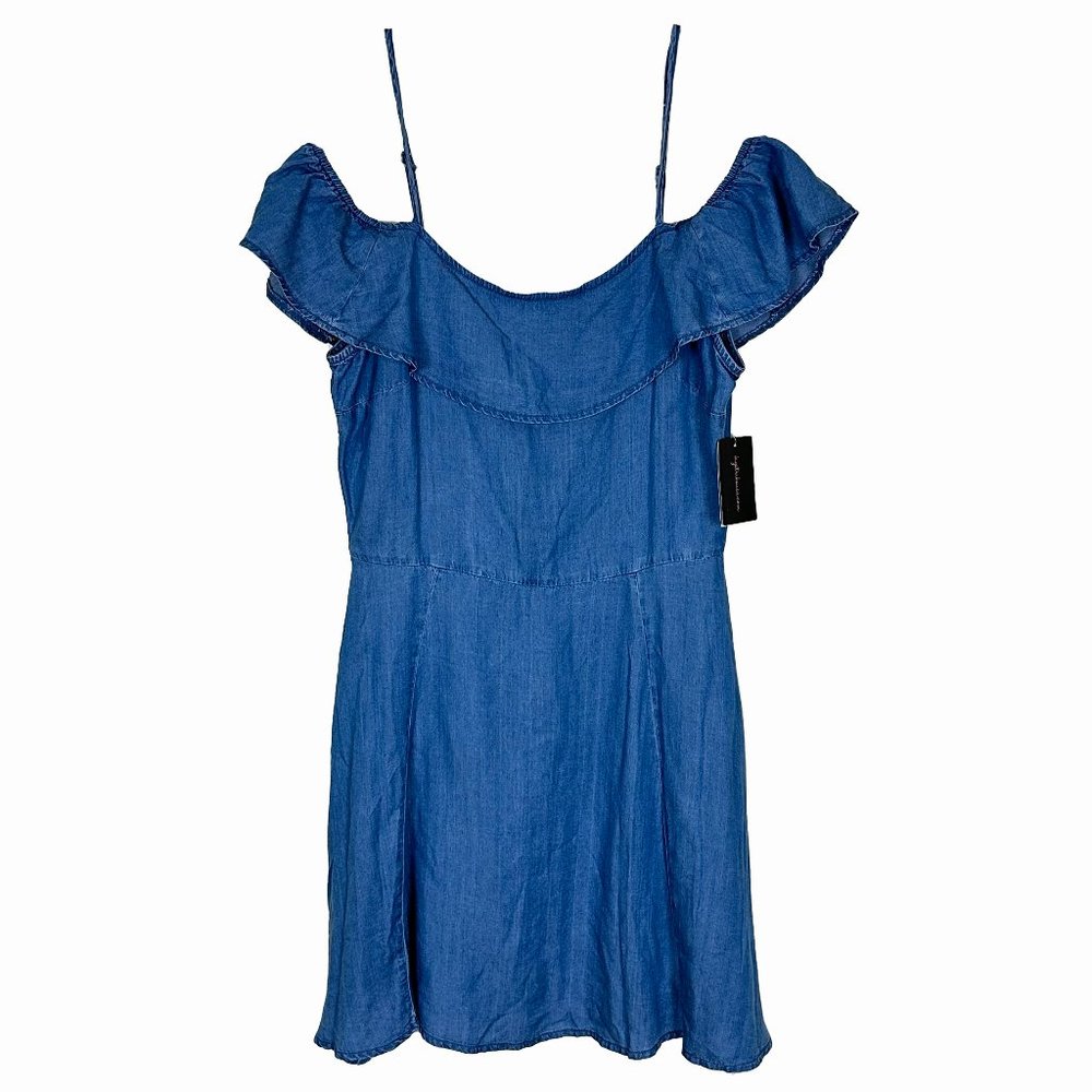 THREE HEARTS by HS Chambray Spaghetti Sleeve Skater-style Mini Dress, Size M